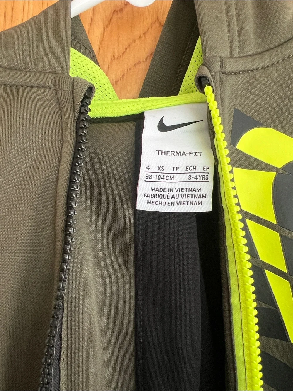 Nike Kids Olive Green and Black Hoodie with Neon Yellow Logo